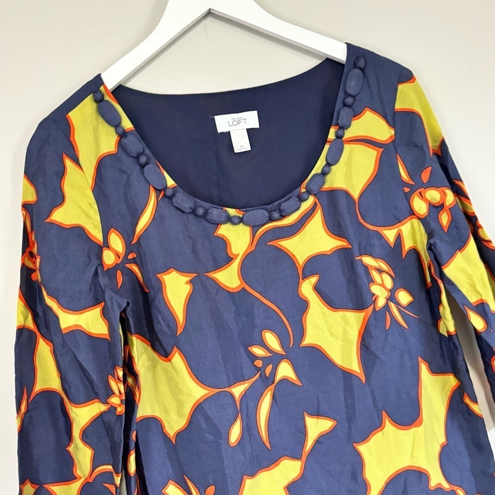 ANN TAYLOR LOFT Women’s Blue Green Tropical Floral Print 3/4 Sleeve Dress Sz 10 - Picture 2 of 6